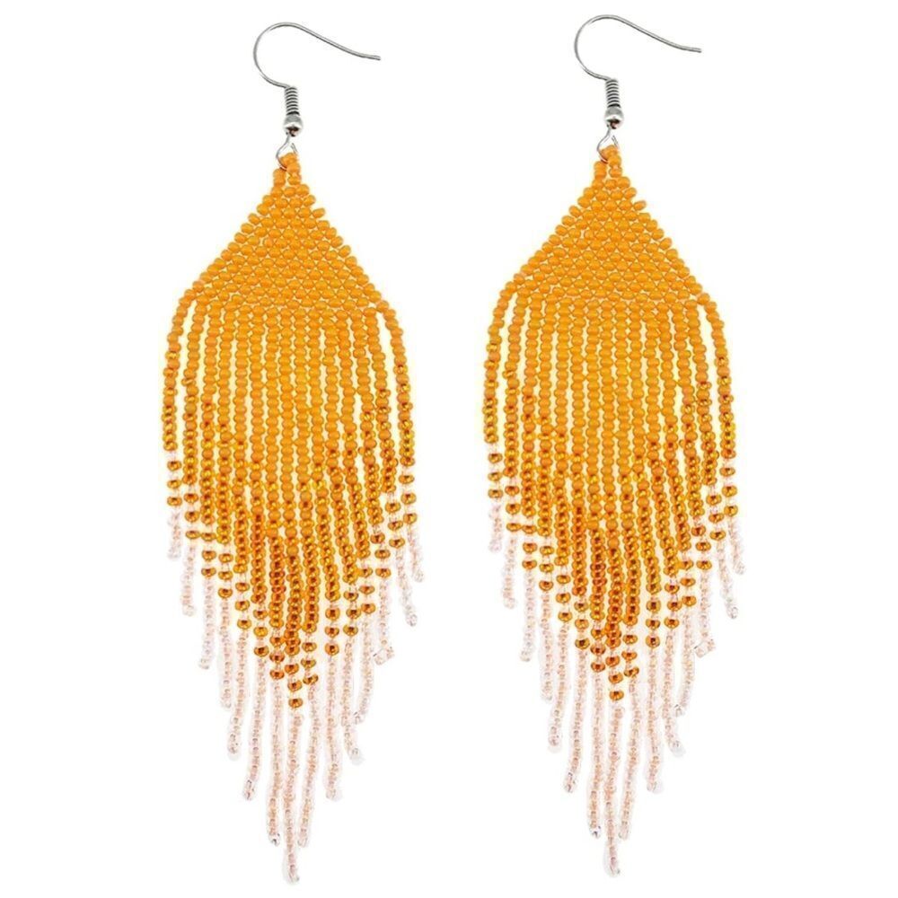 Orange Bohemian Seed Bead Tassel Dangling Statement French Wire Hook Earrings